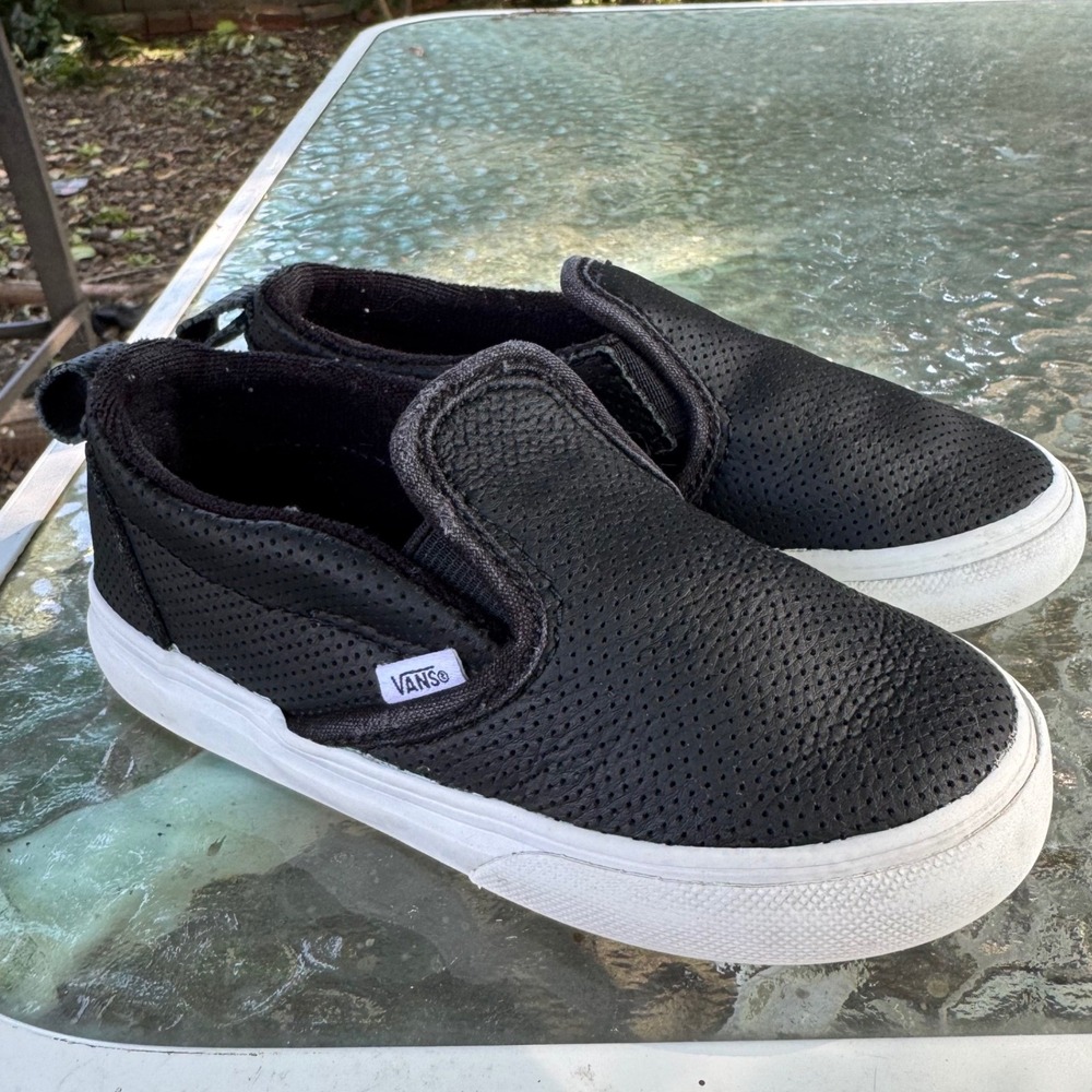 Vans Toddler 9.5 Classic Slip-On V Black Perforated Leather Sneakers VN0A3488OTV